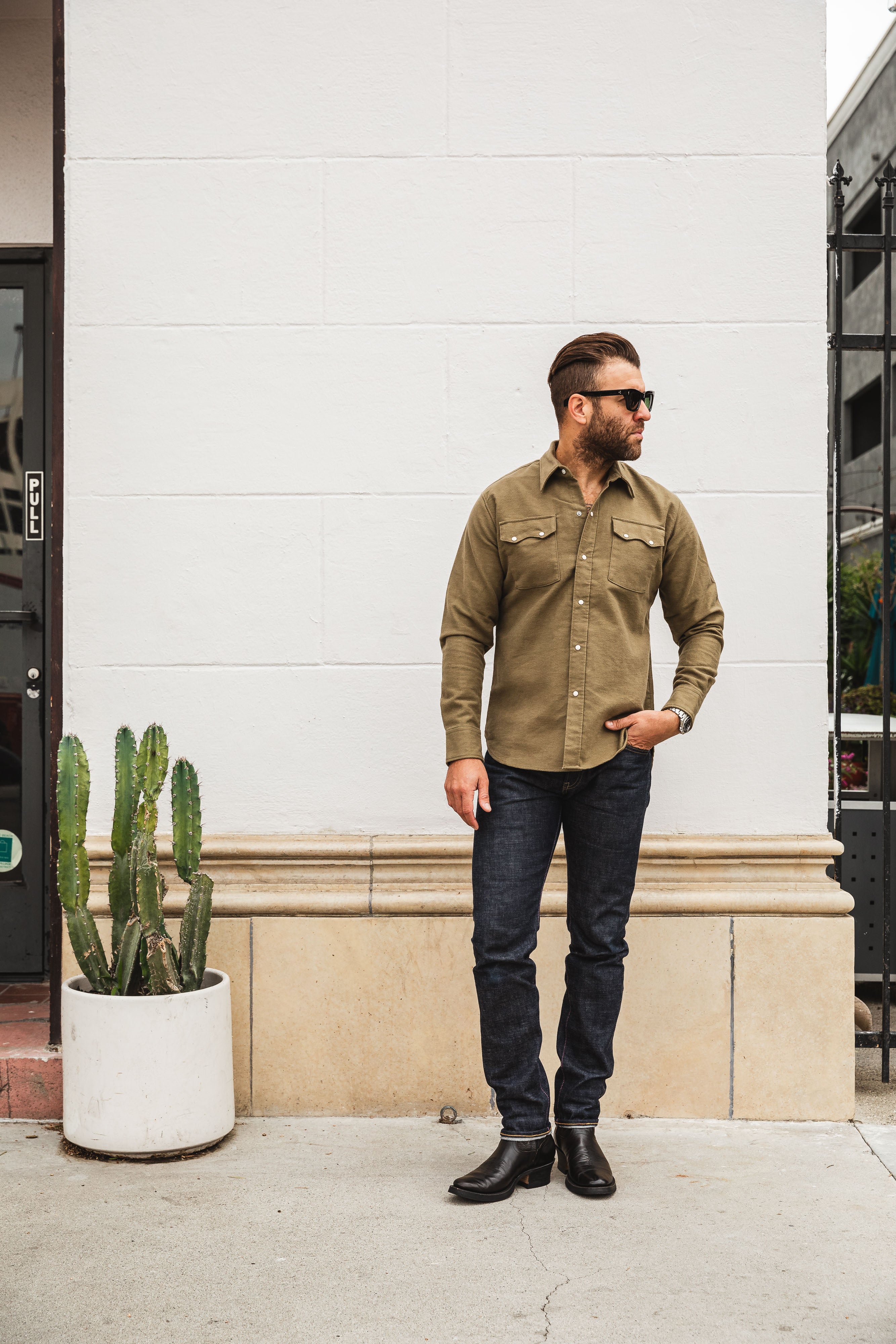 Wythe - Pearl Snap Moleskin Shirt - Olive