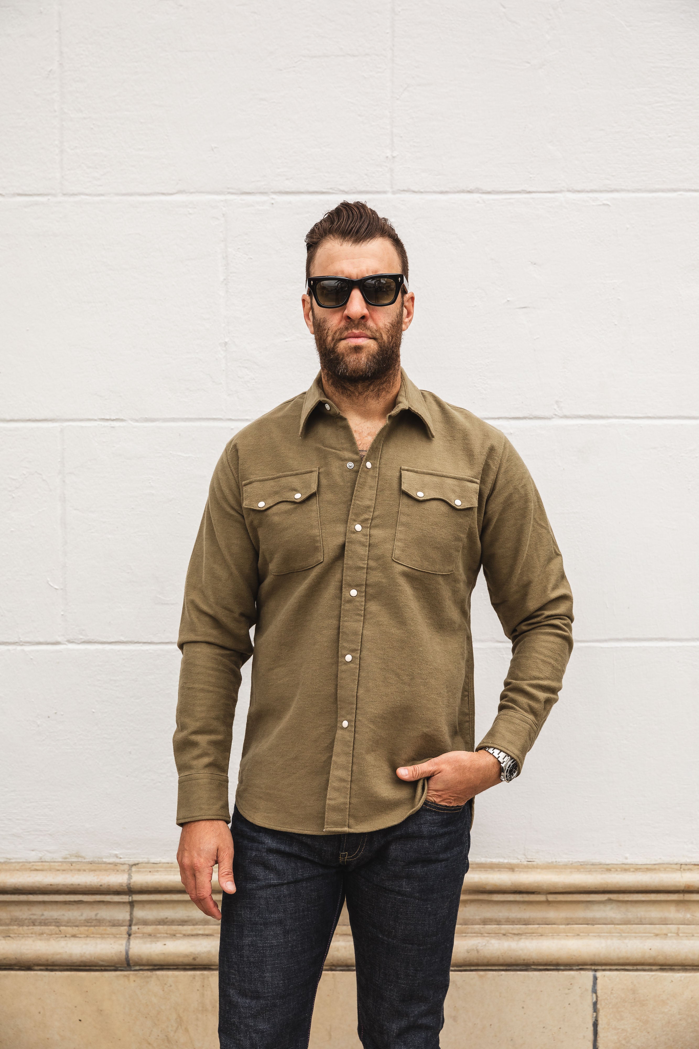Wythe - Pearl Snap Moleskin Shirt - Olive