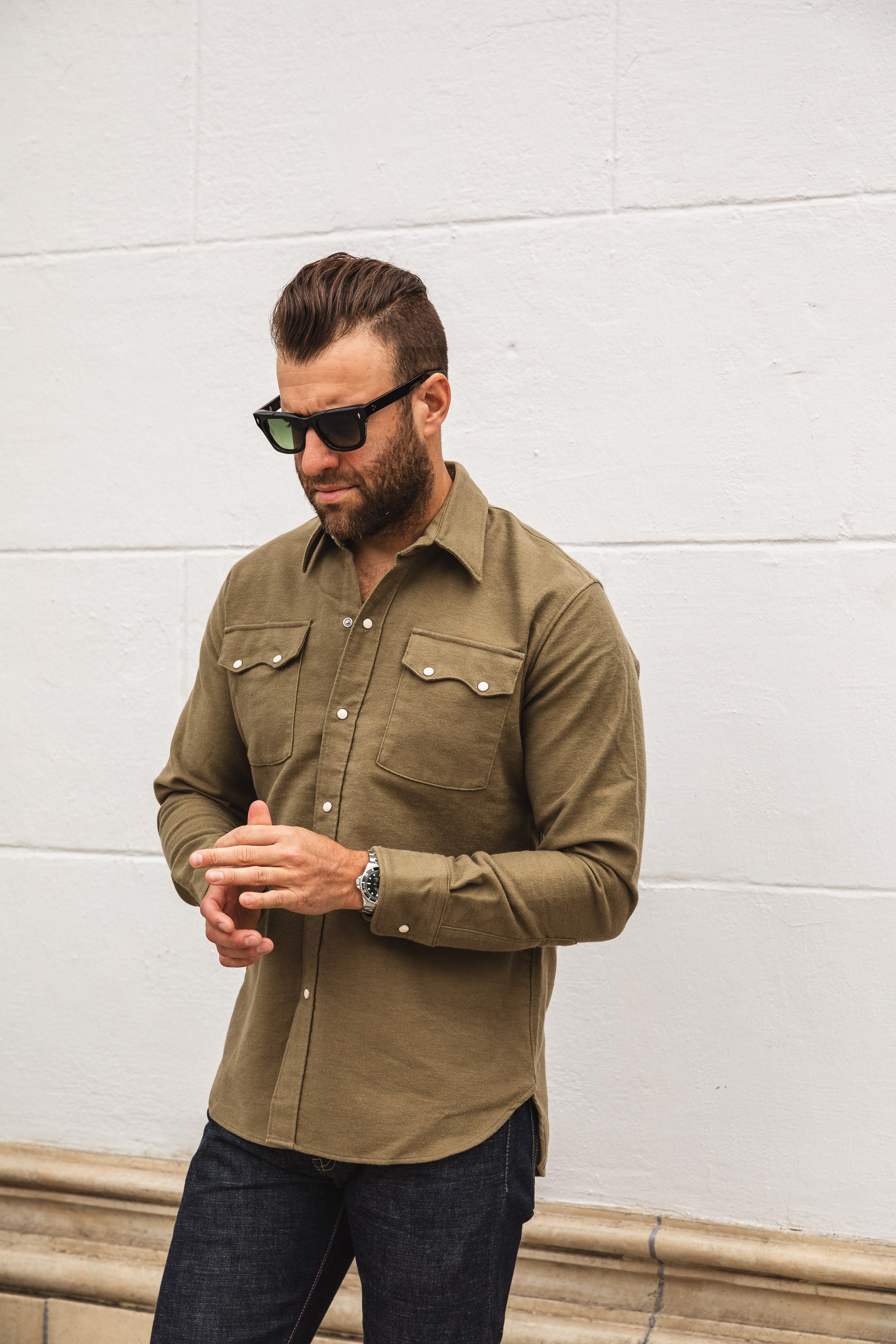 Wythe - Pearl Snap Moleskin Shirt - Olive
