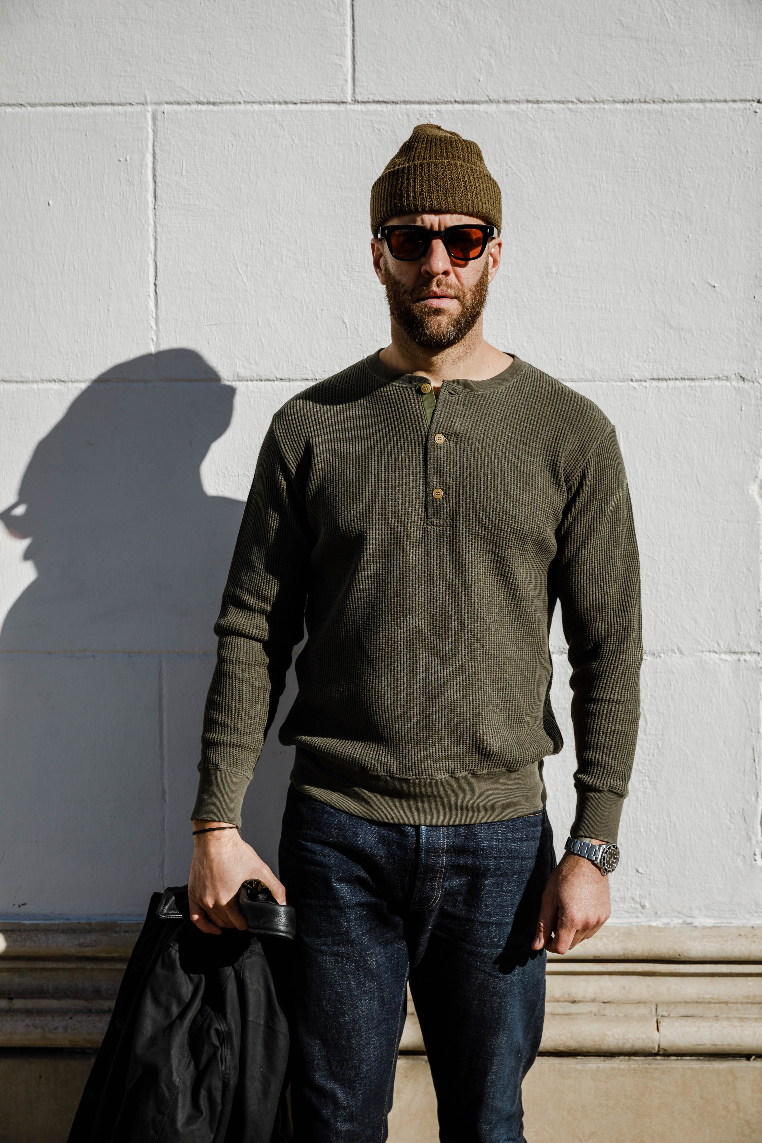 Addict Clothes - Heavy Weight Waffle Henley - Army Green