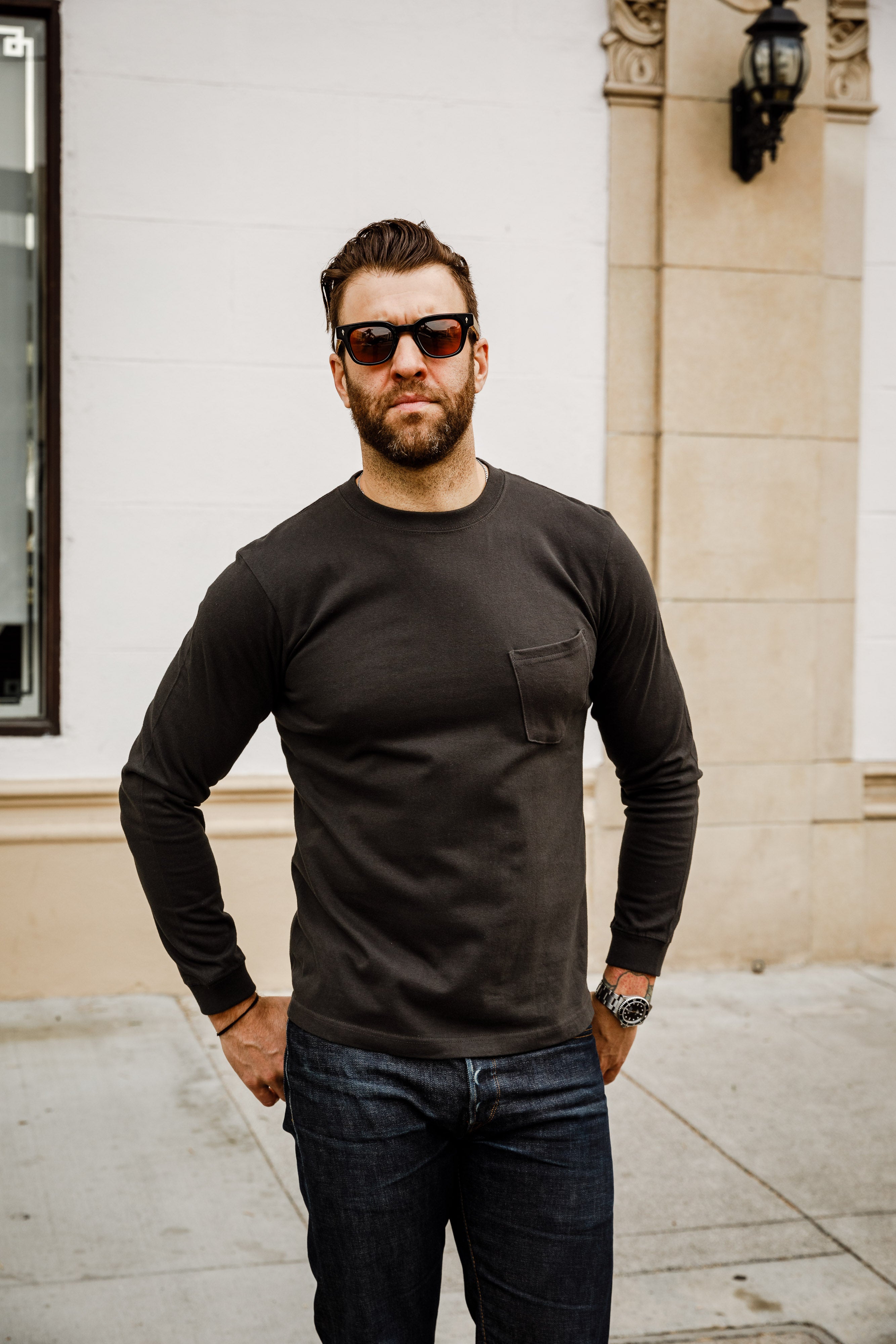 Addict Clothes - Long Sleeve Pocket Tee - Faded Black (Logo'd)
