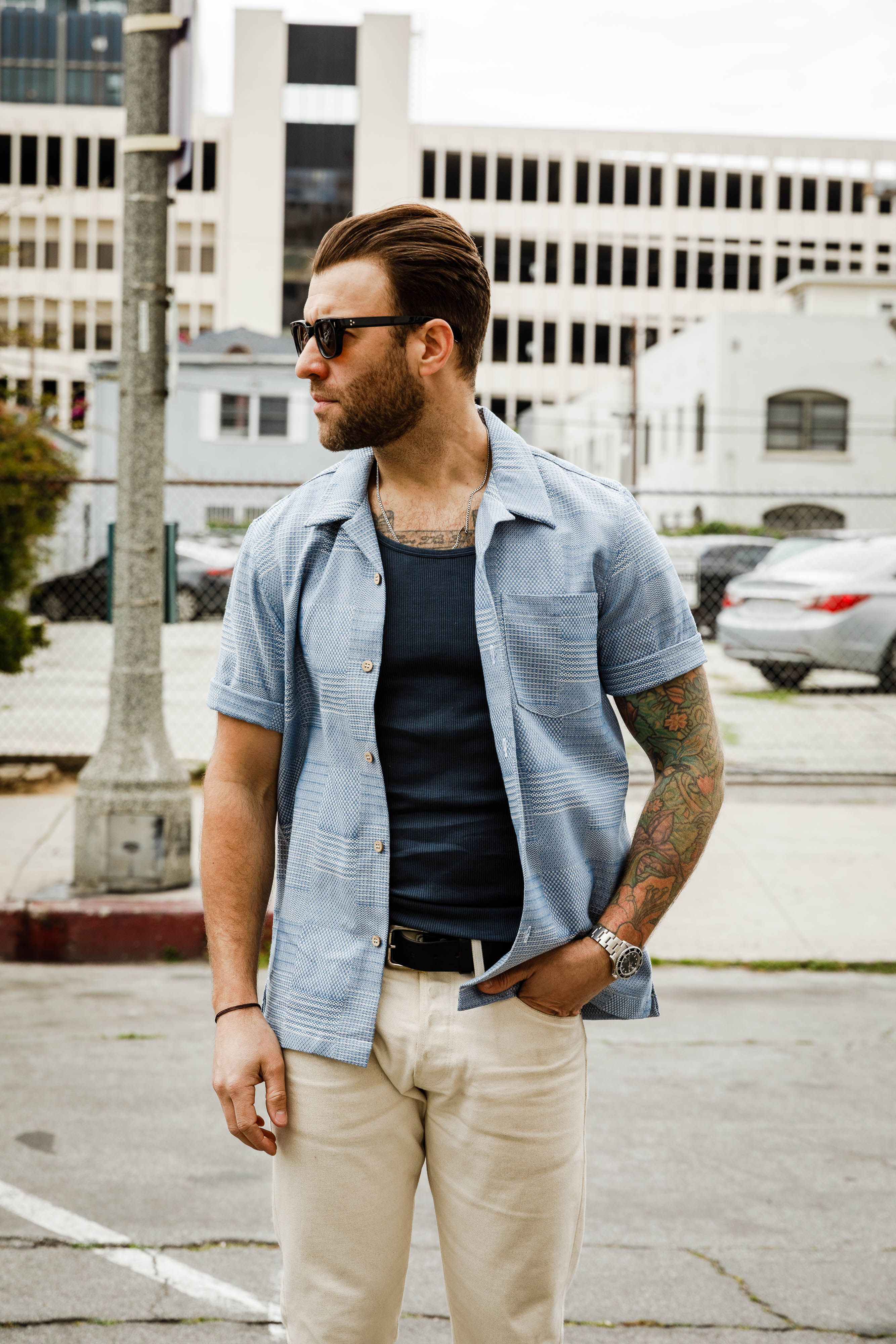 Naked & Famous - Aloha Shirt - Dobby Patchwork - Pale Blue
