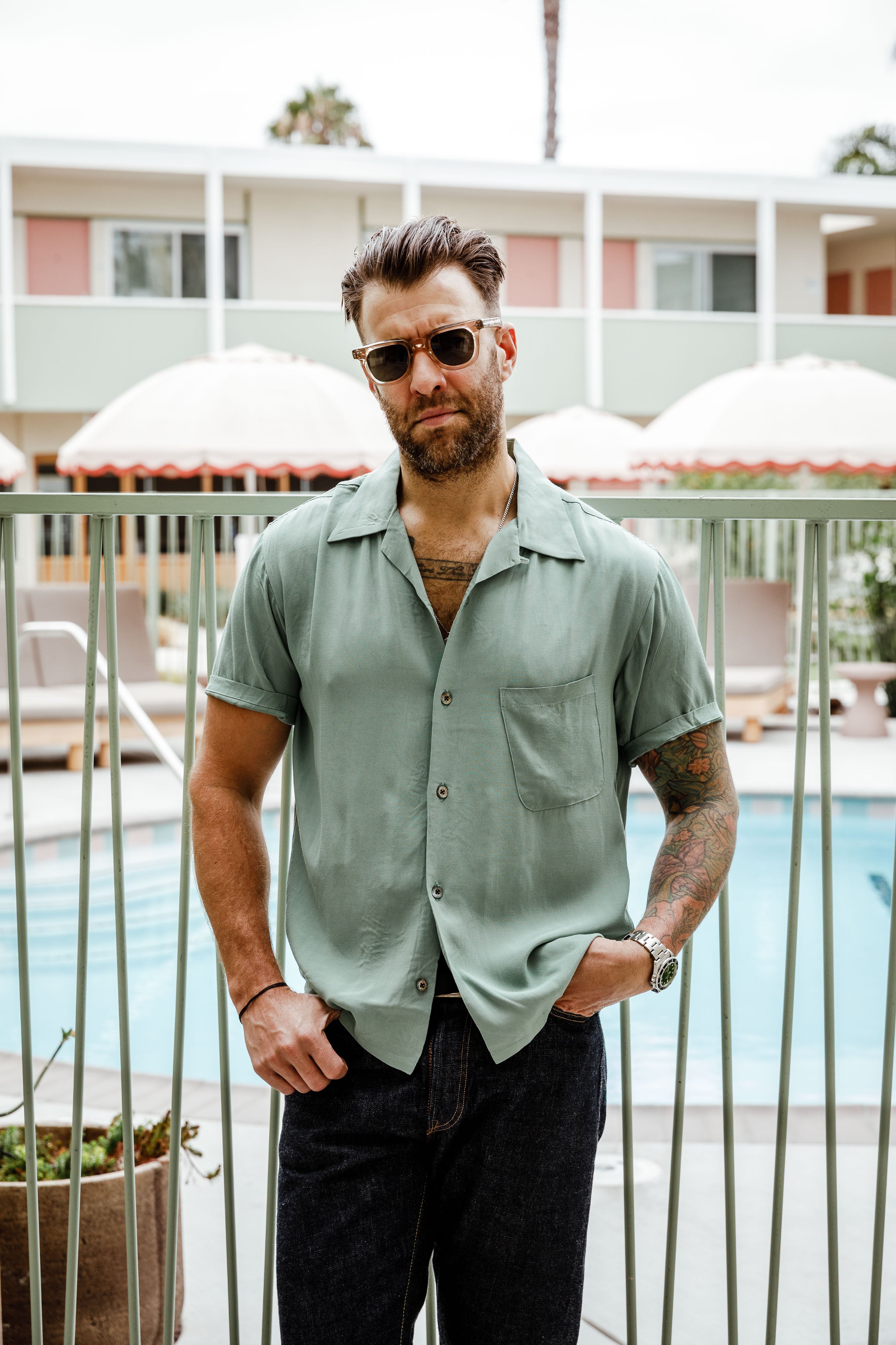 ADDICT Clothes - Open Collar Slant Pocket Shirt - Sea Foam Green