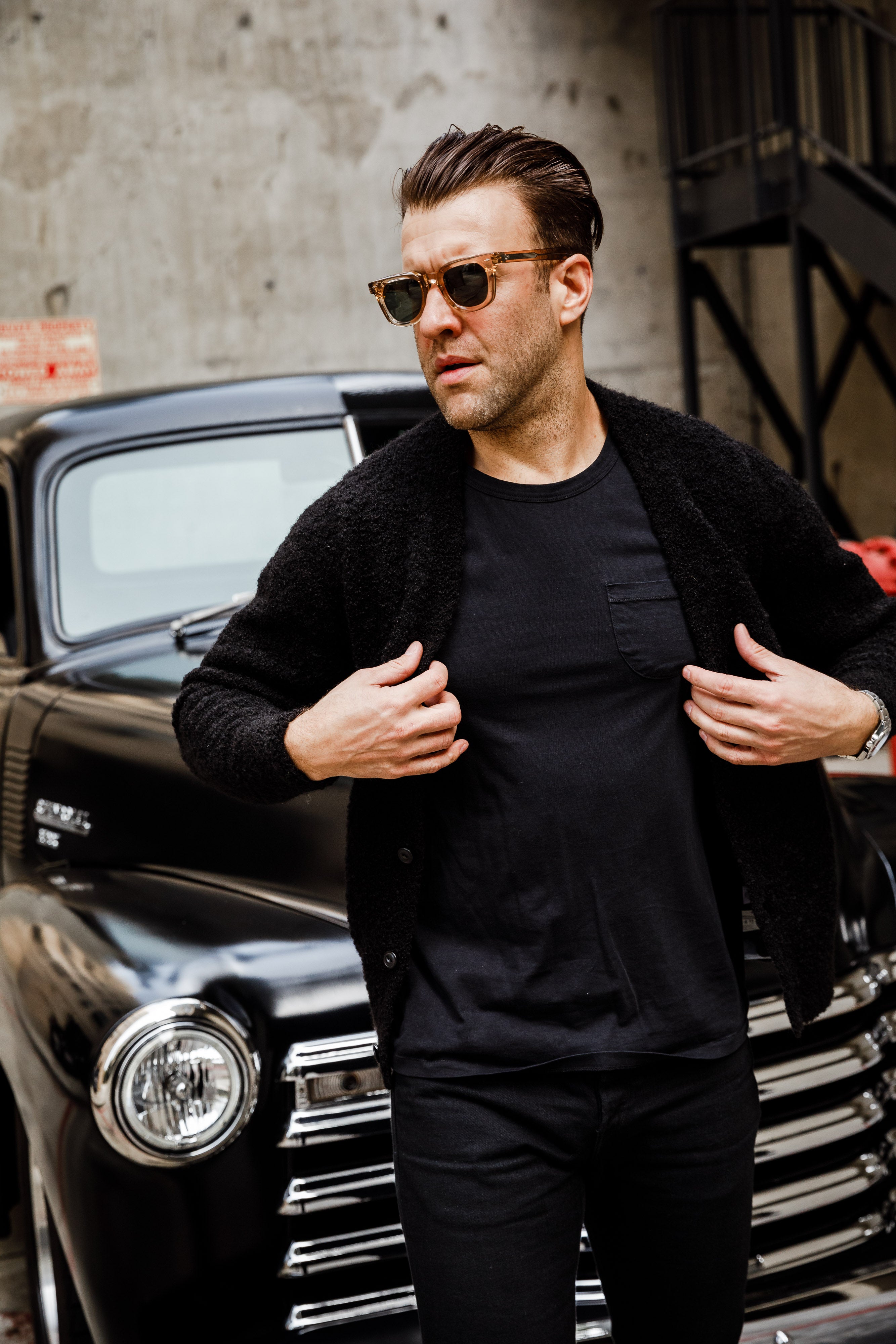 3sixteen - V⁠-⁠Neck Cardigan - Black Boucle Alpaca